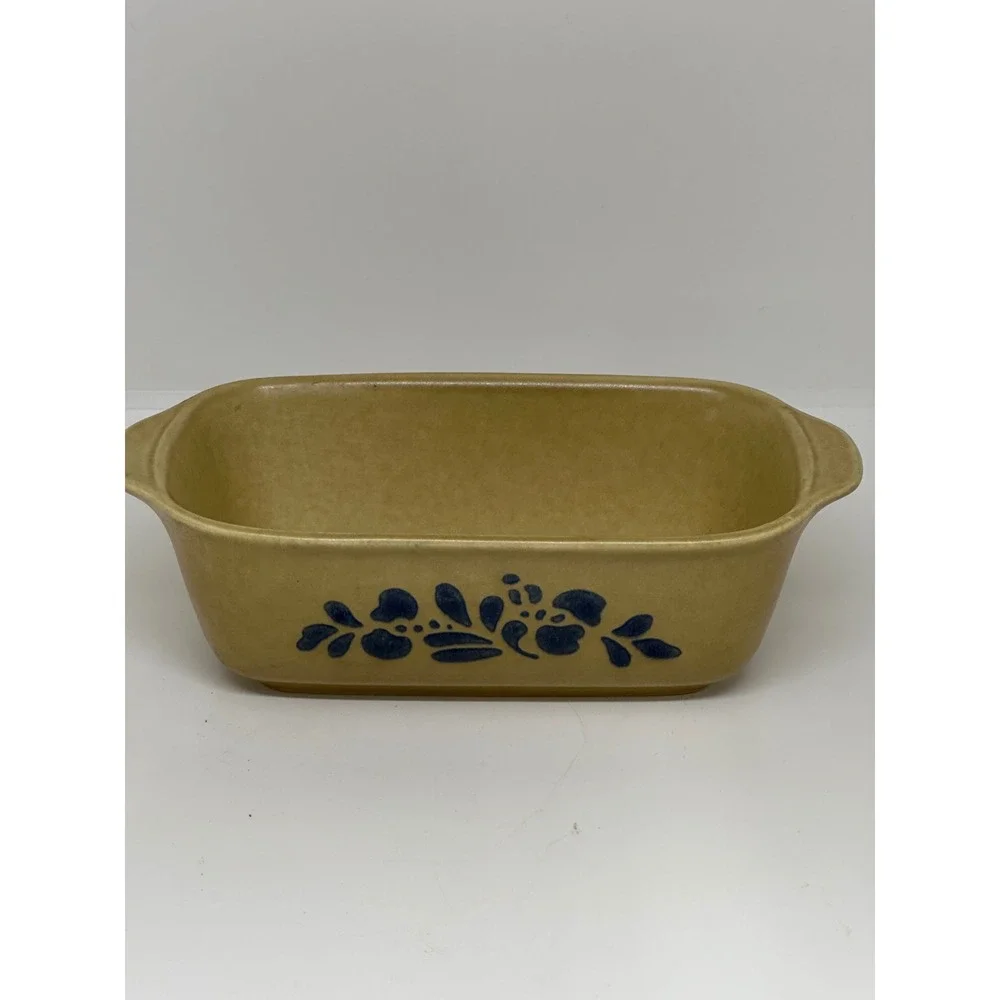 VTG Pfaltzgraff Folk Art Loaf Pan Tan Blue Floral Stoneware Bakeware USA Made